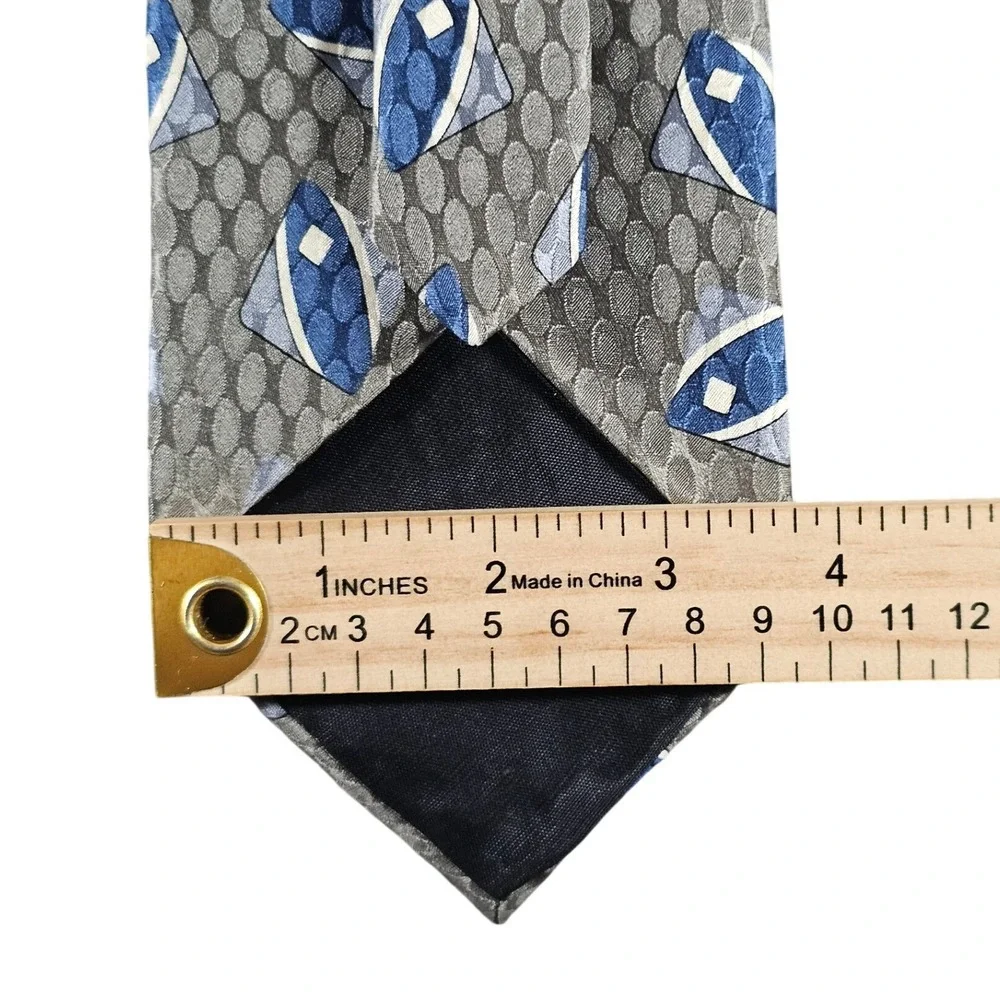 Vintage Oscar de la Renta Silk Tie Mens Grey Blue‎ Geometric Couture Collection